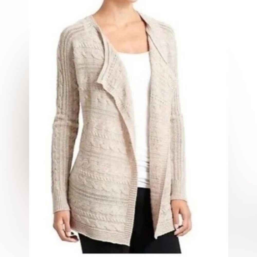 Athleta Cable Knit Open Cardigan Tan 100% Extra Fine Merino Wool Size Small
